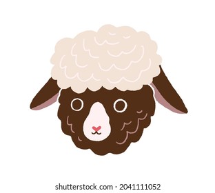 Cara de oveja. Retrato de cabeza de cordero doméstico divertido al estilo de doodle. Bebé, bozal animal. Adorable hocico esponjoso. Ilustración vectorial plana coloreada aislada en fondo blanco