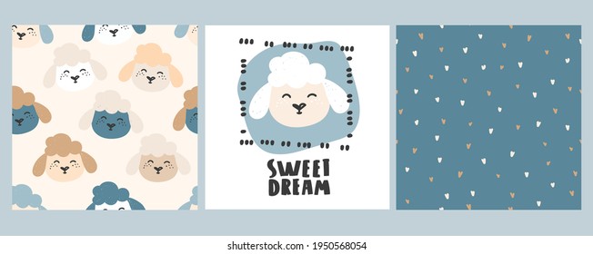 Cute little sheep faces. A set of cards with seamless patterns and postcards with the face of an animal and the signature sweet dreams. For children's design, print on baby boy clothes