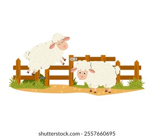 Cute little sheep. Farm or domestic animal. Wooden fence with green grass and bushes. Countryside. Flat vector illustration.