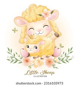 Cute Little Sheep with Floral Watercolor Illustration