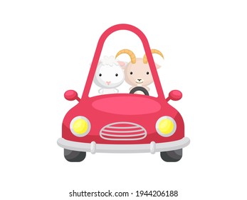 Cute little sheep and goat driving red car. Cartoon character for childrens book, album, baby shower, greeting card, party invitation, house interior. Vector stock illustration.