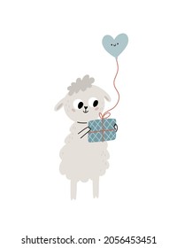 Cute little sheep with a holiday gift and balloon. Vector illustration isolated on a white background. Vector illustration
