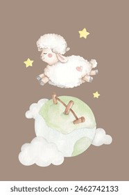 Cute little sheep jump on the sky perfect for baby nursery room decoration, watercolor cute animal illustration	