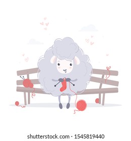 Cute little sheep knits a red sock on the bench, vector illustration on white background