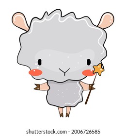 Cute little sheep with magic stick. Vector illustration.