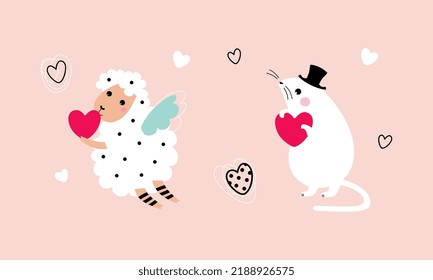 Cute Little Sheep and Mouse with Heart as Valentine Day Celebration Vector Set