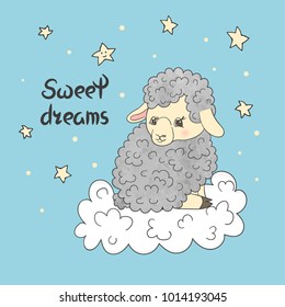 Cute little sheep on the cloud. Sweet dreams vector illustration.