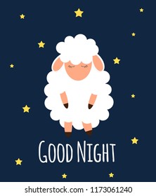 Cute little sheep on the night sky. Good night. vector illustration. EPS10