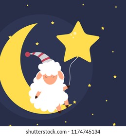 Cute little sheep on the night sky. Sweet dreams. vector illustration. EPS10