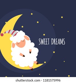 Cute little sheep on the night sky. Sweet dreams. vector illustration. EPS10