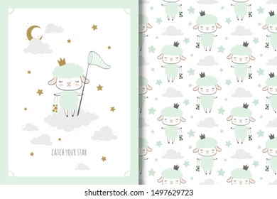 Cute Little sheep princess character staying on cloud with with 
butterfly net in hands closed eyes in the night sky with moon and stars. cartoon illustration. Card and seamless pattern design.