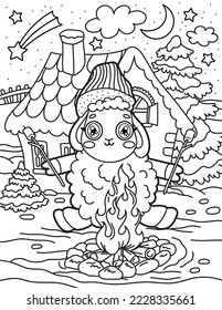 
A cute little sheep roasts marshmallows in the winter yard. Christmas and New Year. Coloring book for children. Black and white vector illustration.