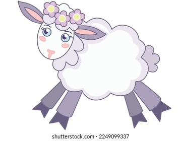 Cute little sheep running - vector full color picture. A lamb with a wreath on its head runs. Sheep in soft pastel colors