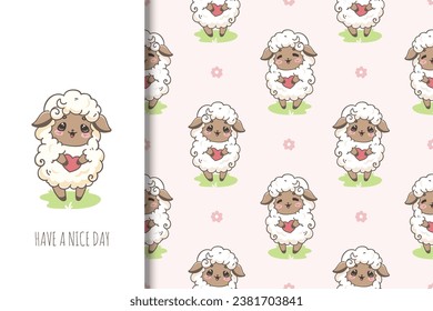 Cute little sheep seamless pattern in kawaii style, kids illustration