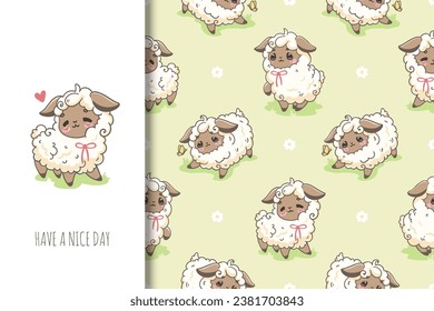 Cute little sheep seamless pattern in kawaii style, kids illustration
