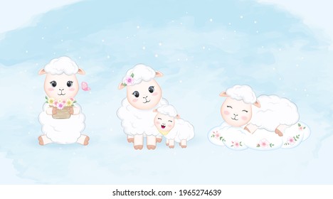 Cute little sheep set hand drawn cartoon animal watercolor illustration
