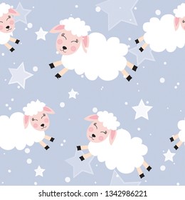 Cute Little Sheep Sky Star Endless Seamsless Vector