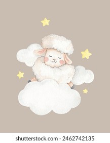 Cute little sheep sleep on the cloud,  watercolor cutie animal illustration for baby and kids