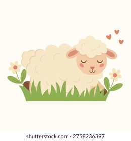 Cute Little Sheep Sleeping in a Flower Meadow with Pink Hearts