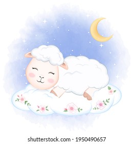Cute little sheep sleeping on the cloud hand drawn cartoon animal watercolor illustration