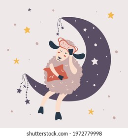 Cute little sheep sleeping on the moon. Sweet Dreams. Cute sheep with night sky, moon and stars. Design for baby, kids poster, nursery wall art, card, invitaton. Cartoon sheep vector illustration.