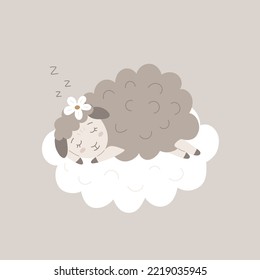 Pequeñas ovejas ricas durmiendo en la nube. Ilustración plana de cordero para niños buenas noches. Dulces sueños animales para los niños impresiones para dormir, postales, ropa, afiches