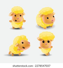 Cute little sheep. Toy for the bathroom. A collection of emotions of a cute lamb with yellow fur. Vector illustration
