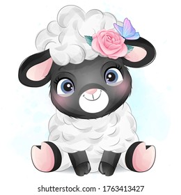 Cute little sheep with watercolor illustration
