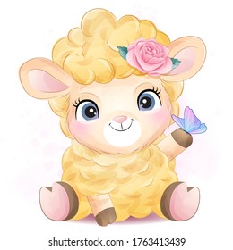 Cute little sheep with watercolor illustration