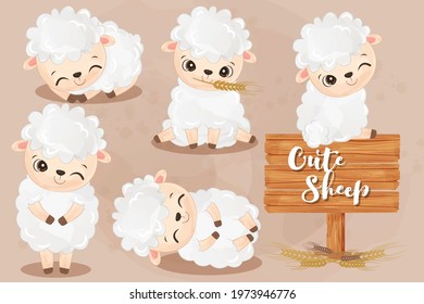 Cute little sheeps in set in watercolor illustration