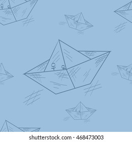 Cute little ships, seamless pattern for your design.  A paper ship and waves cute baby textile fabric surface background. 