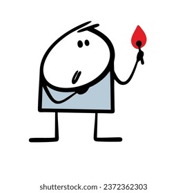 Cute little silly boy found matches, lit a fire and admires. Vector illustration of stick figure child and dangerous toy. Adults do not follow children well. Isolated character on white background.