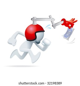 Cute little Sim man self motivation by using mechanism hand holding some money and attach to a helmet.