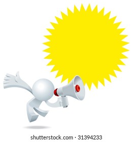 Cute little Simplified man jump and shout with a speaker about the special offer promotion during the grand opening.