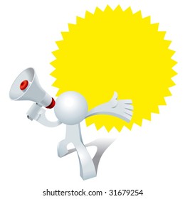 Cute little Simplified man shouting with a megaphone speaker about the special offer promotion during the grand opening.
