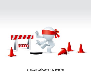 Cute little Simplified man walking blind with eye covered with red ribbon and come to a under construction site.