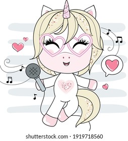 Cute little singing unicorn girl with microphone. Trendy girlish art.