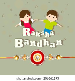 Cute little sister and brother holding their hands with beautiful rakhi on green background for Raksha Bandhan celebrations. 