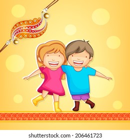 Cute little sister and brother hugging to each other on occasion of Raksha Bandhan celebrations with beautiful rakhi on bright yellow background. 