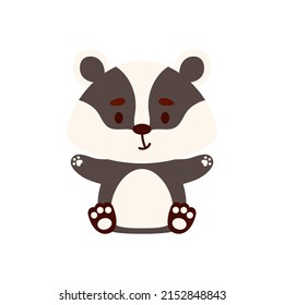 Cute little sitting badger. Cartoon animal character design for kids t-shirts, nursery decoration, baby shower, greeting cards, invitations, bookmark, house interior. Vector stock illustration