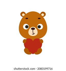 Cute little sitting bear keep hart on white background. Cartoon animal character for kids cards, baby shower, invitation, poster, t-shirt composition, house interior. Vector stock illustration.