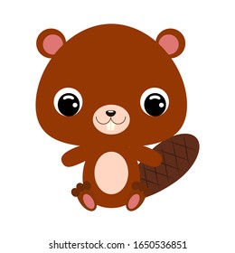 Cute little sitting beaver. Forest animal. Cartoon character for baby print design, kids wear, baby shower celebration, greeting and invitation card. Flat vector stock illustration on white background