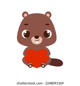 Cute little sitting beaver holds heart. Cartoon animal character for kids cards, baby shower, invitation, poster, t-shirt composition, house interior. Vector stock illustration