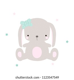 Cute little sitting bunny with bow. Vector hand drawn illustration.