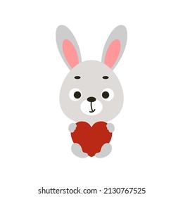 Cute little sitting bunny keep hart on white background. Cartoon animal character for kids cards, baby shower, invitation, poster, t-shirt composition, house interior. Vector stock illustration.