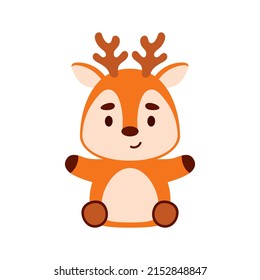 Cute little sitting deer. Cartoon animal character design for kids t-shirts, nursery decoration, baby shower, greeting cards, invitations, bookmark, house interior. Vector stock illustration