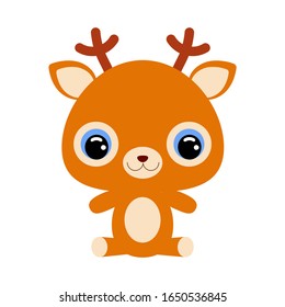 Cute little sitting deer. Forest animal. Cartoon character for baby print design, kids wear, baby shower celebration, greeting and invitation card. Flat vector stock illustration on white background