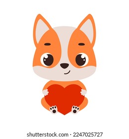 Cute little sitting dog holds heart. Cartoon animal character for kids cards, baby shower, invitation, poster, t-shirt composition, house interior. Vector stock illustration