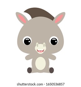 Cute little sitting donkey. Domestic animal. Cartoon character for baby print design, kids wear, baby shower celebration, greeting, invitation card. Flat vector stock illustration on white background