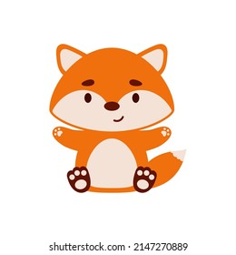 Cute little sitting fox. Cartoon animal character design for kids t-shirts, nursery decoration, baby shower, greeting cards, invitations, bookmark, house interior. Vector stock illustration